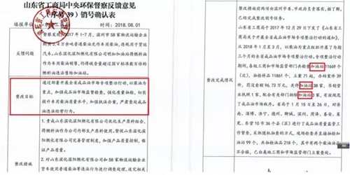 2018年11月1日，中央第三生態(tài)環(huán)境保護(hù)督察組進(jìn)駐山東省開展“回頭看”。通過(guò)對(duì)相關(guān)部門走訪問詢，并抽查有關(guān)企業(yè)，發(fā)現(xiàn)山東省物流運(yùn)輸企業(yè)違規(guī)使用普通柴油或其他高硫分燃油問題依然十分突出，柴油貨車尾氣污染嚴(yán)重。  一、基本情況  《大氣污染防治法》明確，禁止向汽車和摩托車銷售普通柴油以及其他非機(jī)動(dòng)車用燃料。第一輪中央環(huán)保督察反饋指出，山東省以普通柴油替代車用柴油的情況較多，濱州等地市大量物流運(yùn)輸企業(yè)違規(guī)使用普通柴油，尾氣污染問題突出。  為此，山東省整改方案要求，杜絕違規(guī)使用普通柴油的情況，并明確由原省工商局負(fù)責(zé)部署推進(jìn)相應(yīng)整改工作。原省工商局于2018年8月1日上報(bào)山東省環(huán)境保護(hù)督察反饋意見整改工作領(lǐng)導(dǎo)小組，聲稱該問題完成整改并銷號(hào)。  二、主要問題  督察發(fā)現(xiàn)，原山東省工商局作為整改責(zé)任主體沒有認(rèn)真履行整改職責(zé)，未就整改工作進(jìn)行部署推進(jìn)，整改任務(wù)目標(biāo)完全落空，全省物流運(yùn)輸企業(yè)違規(guī)使用普通柴油或高硫分燃油問題依然普遍存在。  （一）違規(guī)售油無(wú)人管。督察組抽查3個(gè)地市的4家煉化公司，發(fā)現(xiàn)這些煉化公司違規(guī)大量向物流運(yùn)輸企業(yè)銷售普通柴油或其他高硫分燃油，導(dǎo)致這些柴油大量替代車用柴油使用，污染嚴(yán)重。2018年，東營(yíng)齊潤(rùn)化工有限公司將3萬(wàn)余噸硫含量近2000mg/kg的常壓柴油售給物流運(yùn)輸企業(yè)和加油站，墾利石化有限公司也將3萬(wàn)余噸硫含量2000-3000mg/kg的燃油售給相關(guān)物流運(yùn)輸企業(yè)和加油站，硫含量最高超標(biāo)約300倍。2017年中央環(huán)保督察以來(lái)，山東匯豐石化集團(tuán)有限公司將近40萬(wàn)噸普通柴油銷往多家物流運(yùn)輸企業(yè)，濰坊市昌邑石化有限公司將5萬(wàn)余噸國(guó)Ⅳ和國(guó)Ⅴ的普通柴油售給物流運(yùn)輸企業(yè)。現(xiàn)場(chǎng)抽查發(fā)現(xiàn)，物流運(yùn)輸企業(yè)多數(shù)在自身停車場(chǎng)內(nèi)私自安裝加油裝置，將所購(gòu)違規(guī)油品自用，昌邑市盛宏物流有限公司甚至違法轉(zhuǎn)售其他社會(huì)車輛。   圖1 昌邑市盛宏物流有限公司在停車場(chǎng)內(nèi)私設(shè)加油裝置  （二）督察整改做樣子。原省工商局作為督察整改的責(zé)任主體，接受任務(wù)時(shí)服從安排，實(shí)際整改時(shí)做做樣子。督察反饋明確指出問題主要是煉化公司違法向物流運(yùn)輸企業(yè)銷售普通柴油替代車用柴油使用，導(dǎo)致汽車尾氣污染。但原省工商局等部門整改時(shí)僅部署對(duì)加油站和成品油倉(cāng)儲(chǔ)批發(fā)企業(yè)的檢查，沒有將煉化公司到物流運(yùn)輸企業(yè)的黑色鏈條作為查處對(duì)象。整改工作指東打西，真正問題沒有觸及。另外，整改方案明確的目標(biāo)是“強(qiáng)化日常監(jiān)督管理，杜絕違規(guī)使用普通柴油”；但原省工商局擅自在銷號(hào)材料中將目標(biāo)改為“針對(duì)加油站開展專項(xiàng)整治行動(dòng)”，以此蒙混過(guò)關(guān)，虛假銷號(hào)。   圖2 原省工商局在銷號(hào)確認(rèn)表上弄虛作假  （三）執(zhí)法監(jiān)管走過(guò)場(chǎng)。2017年以來(lái)，山東省各市共打擊取締非法加油點(diǎn)近2000家，但僅對(duì)涉案物流運(yùn)輸企業(yè)進(jìn)行了處罰，未能以此為線索追根溯源，對(duì)源頭煉化公司違規(guī)售油問題進(jìn)行查處，煉化企業(yè)到物流運(yùn)輸企業(yè)的黑色鏈條始終未被斬?cái)唷? 一些煉化企業(yè)長(zhǎng)期游離于監(jiān)管之外，缺乏對(duì)法律的敬畏。2018年8月，生態(tài)環(huán)境部調(diào)研發(fā)現(xiàn)中國(guó)化工集團(tuán)山東昌邑石化有限公司涉嫌違法生產(chǎn)銷售國(guó)Ⅳ普通柴油，但在進(jìn)一步調(diào)查時(shí)，企業(yè)拒絕配合，不提供相關(guān)臺(tái)賬，并臨時(shí)編造相關(guān)記錄。“回頭看”進(jìn)駐后，督察組再次現(xiàn)場(chǎng)檢查，要求企業(yè)提供儲(chǔ)運(yùn)臺(tái)賬，企業(yè)依然拒絕提供，并繼續(xù)編造謊言，提供虛假材料，性質(zhì)十分惡劣。  對(duì)此，濰坊市查處不嚴(yán)不實(shí)，甚至試圖蒙混過(guò)關(guān)。在督察組兩次督導(dǎo)后，查處工作依然走過(guò)場(chǎng)，在未調(diào)度企業(yè)生產(chǎn)記錄和儲(chǔ)運(yùn)臺(tái)賬等關(guān)鍵證據(jù)的情況下，即采信企業(yè)說(shuō)法，甚至未調(diào)閱生產(chǎn)記錄就作出該企業(yè)2018年未生產(chǎn)銷售國(guó)Ⅳ普通柴油的結(jié)論。直到督察組再次督導(dǎo)、進(jìn)一步明確要求后才加大查處力度，發(fā)現(xiàn)該企業(yè)2018年實(shí)際以燃料油名義違規(guī)銷售國(guó)Ⅳ普通柴油4萬(wàn)多噸。  三、原因分析  原山東省工商局不在整改落實(shí)中下功夫，反而在整改銷號(hào)上動(dòng)腦筋，表面整改，虛假整改問題突出。  山東省有關(guān)地市不敢動(dòng)真碰硬，對(duì)違法銷售不合格油品的黑色鏈條整治不力，未能對(duì)油品來(lái)源追根溯源，未對(duì)煉化企業(yè)的違法行為依法查處。